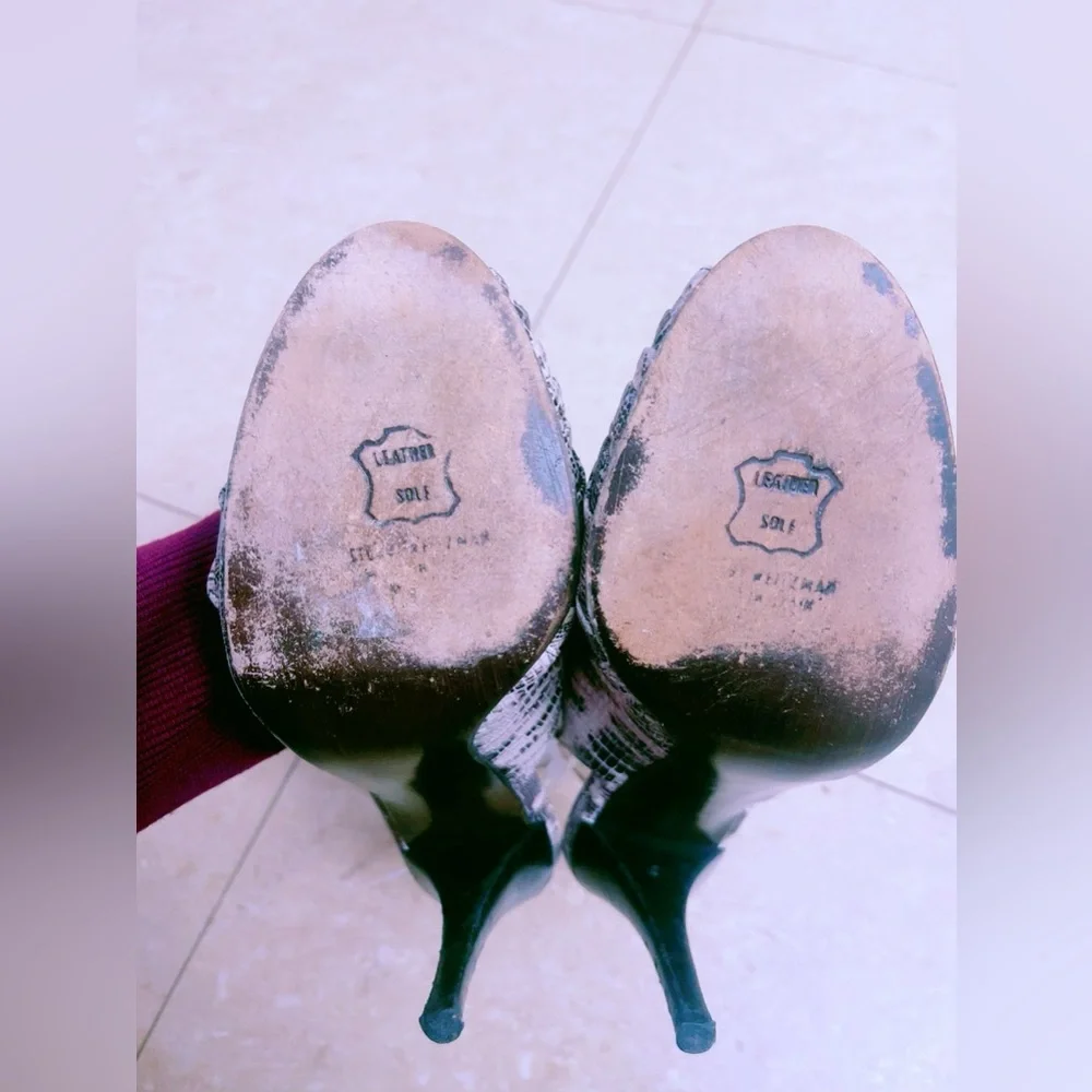 Stuart Weitzman Leather Slingback Peep Toe Heels‎ 7M Snakeskin Pumps Career